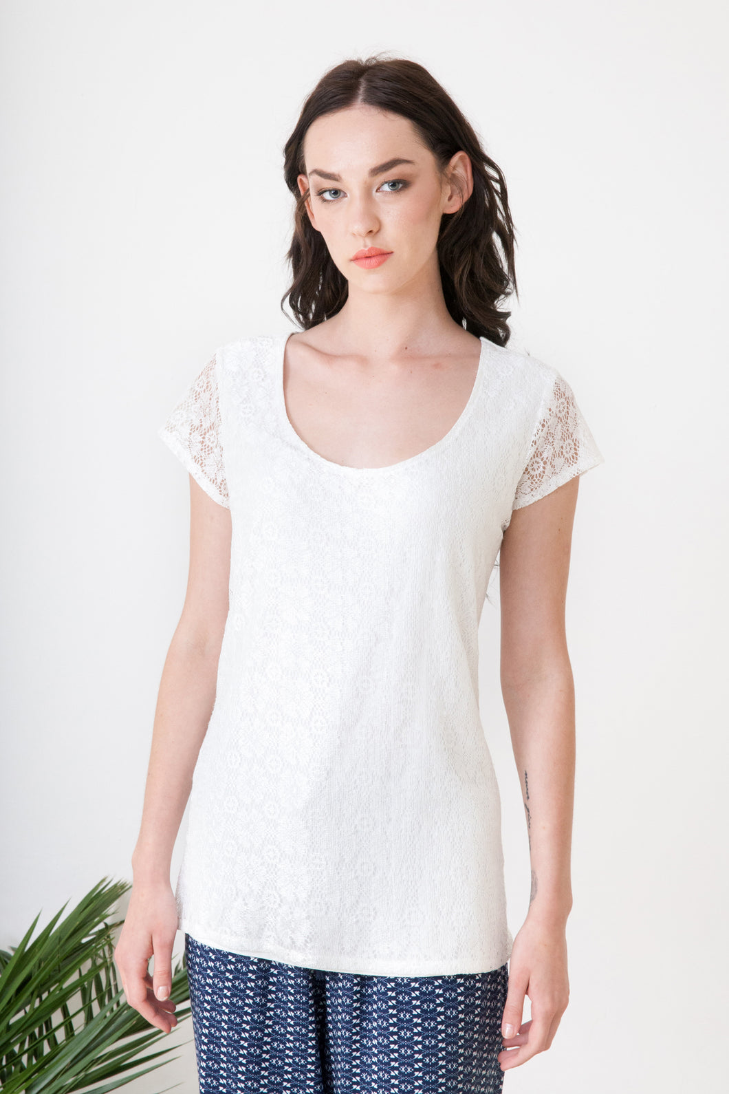 White T-Shirt with Lace Overlay